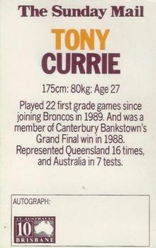 1990 Streets Brisbane Broncos #NNO Tony Currie Back